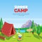 Summer camping vector cartoon illustration. Adventures, travel and eco tourism concept. Touristic camp tent on meadow.