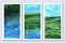 Summer canvas wall art tryptich. green, blue, turquoise, warm colors. Soft calm landscape with field, grass, sky, lake
