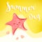 Summer card with cute starfish on the beach and shells. Flat style. Vector illustration