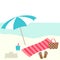 Summer card design with parasol, bag, towel, bucket, slipper on the beach