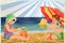 Summer card, little boy and girl building sandcastles on the beach