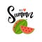 Summer card with a picture of a watermelon. Hello summer lettering. Vector illustration. Isolated on white background