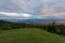 Summer Carpathian Mountains in Ukraine. Green lug and a dense forest