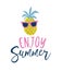 Summer cartoon style pineapple in sunglasses label, logo, hand drawn tags and elements for summer holiday, travel, beach