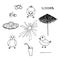 Summer cartoons icon set. Duck hat beach umbrella sunglasses drink with straw hand drawn sketch art design
