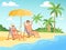 Summer characters. Male and female person have a rest on the beach cartoon seaside background summer vacation vector