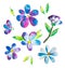 Summer cheerful happy blue pink purple violet flower hand painted watercolor papercut design collection set. Perfect for textile,