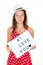 Summer cheerful teen girl holding message I love you