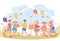 Summer children birthday backyard party scene flat vector illustration isolated