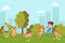 In summer, children play puppy in park, friendship, happy child and cheerful pet, design, cartoon style vector