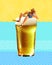 Summer chill. Man in striped swimsuit sitting on foamy lager beer and enjoying vacation. Contemporary art collage.