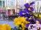 Summer city   flowers in medieval   houses wall street people walk in Tallinn old town