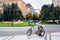 Summer cityscape - view of the street with parked bicycle in the center of Ostrava