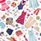 Summer clothes collection vector seamless pattern. Femininity color fashion apparel and accessories on white background