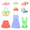 Summer Clothing with Flared Skirt and Open Toe Shoes Vector Set