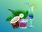 Summer cocktails decorated with flowers, cherries, tropical leaves, coconut, lime, and straws vector cartoon