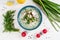 Summer Cold Yogurt Soup Okroshka Bowl Flat Lay