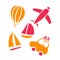 Summer collection. Hand drawn icon set with yacht, bycicle, baloon, car, plane. Sticker pack for print and digital