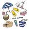 Summer collection of vector icons. Handmade beach umbrella, Bikini, Sunscreen, Hat, Coconut Cocktail, Flip flops, Beach Bag