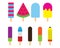 Summer colorful popsicles ice cream stick with milk, chocolate, mint and frozen fruit juice flavour flat vector design icon symbol