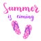 Summer is coming, beautiful card in pink tones with hand drawn lettering. Motivational poster. Composition with funny