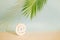 summer concept idea with symbol for mail on a sandy background with palm tree shadow.minimal sunny creative idea