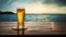 Summer concept in minimalistic style with cold beer and seascape background. Ai generated
