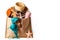 Summer concept with swimming accessories ,Beach bag brown with swimming suit isolated