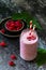 Summer cool milkshake. Raspberry protein shake in glass