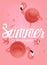 Summer coral colored banner with abstract flamingos, fishes and drops of water.