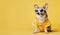 Summer corgi dog wearing yellow sunglasses and neckerchief, looking at blank empty copy space, over yellow background