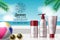 Summer cosmetic mock up products vector template. Summer cosmetic bottles skin care ads with beach elements.