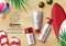 Summer cosmetic products vector template. Sun protection cosmetic products with sunscreen and sunblock containers in beach sand.