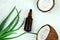 summer cosmetics flat lay oil bottle,coconut and aloe vera leaves
