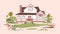 Summer cottage or beautiful two-storey suburban residential house with porch surrounded by beautiful nature and
