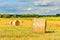 Summer countryside with haystacks in field season