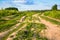 Summer countryside landscape. Deserted rural dirt road along the forest, Moscow suburbs, Russia.