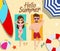 Summer couple vector concept design. Hello summer text with female and male characters sun bathing with beach element.