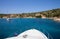 Summer cruise vacation on a yacht off the coast of Kastos island, Ionian sea, Greece.