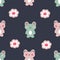 Summer cute frogs and flowers doodle seamless pattern. Perfect for T-shirt, postcard, textile and print. Hand drawn vector