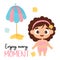 Summer cute girl beachgoer in swimsuit with parasol and shells. Vector illustration in cartoon style. Funny positive