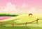 Summer cute sunny cartoon rural glade hills view with grazed horse on the field. Cartoon vector illustration for