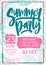 Summer dance party invitation, flyer or poster template with lettering written against colorful tropical palm tree