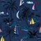 Summer dark night Beautiful seamless pattern island with colorful boat and wind surf . Landscape with palm trees,beach and ocean