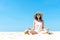 Summer day. Asian lifestyle women yoga, relaxing and happy on the beach.