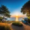 Summer day in a converted van on the life in a view of a beautiful sunset from the camper Home is where you vacation and