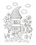 Summer day in fairy village. Coloring book with cute house and flowers. Black and white vector illustration