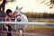 Summer day on the farm.  Girl caress horse