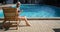 Summer day life women relaxing next to the luxury sunbathing pool on the beach of the outdoor hotel resort. sitting on a