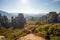 Summer day sky, rocks and monastery in Meteora Kalambaka Greece